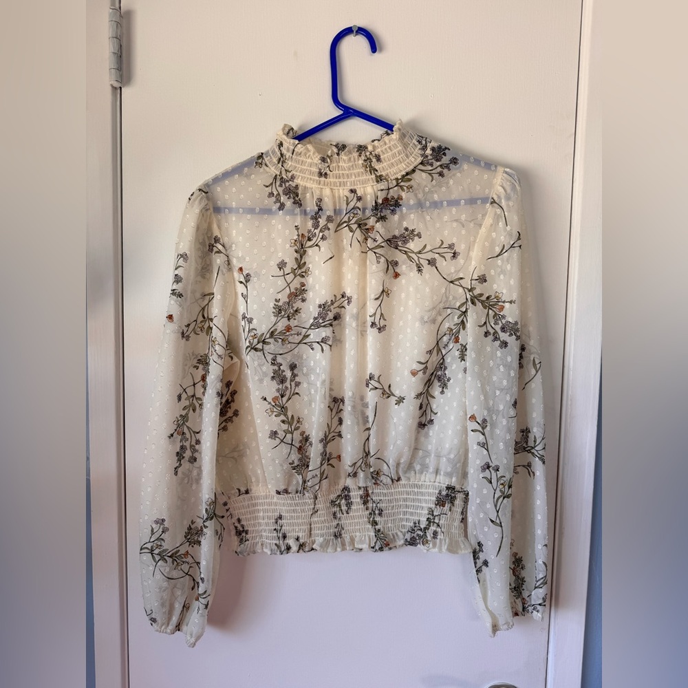 Cream Sheer Floral Smocked High Neck Blouse